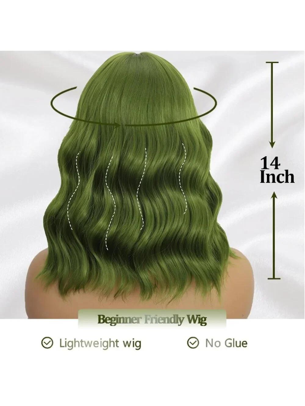 Women's Green 14 Inch Heat Resistant Synthetic Short Wavy Bob Wigs Bangs